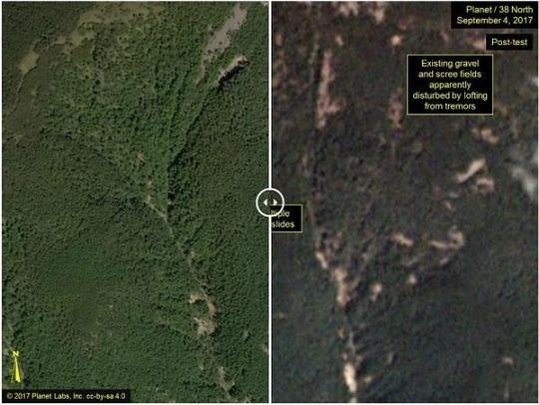  인공위성업체 플래닛이 촬영한 제6차 핵 시험 발생하기 전(왼쪽)과 후의 위성사진. 오른쪽 사진을 보면 산사태 흔적을 찾을 수 있다./사진=연합뉴스