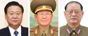 최룡해 당중앙위 부위원장, 황병서 軍총정치국장, 김원홍 軍총정치국 1부국장.