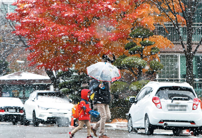 대전의 한 아파트에서 사람들이 우산을 쓰고 걷고 있다.