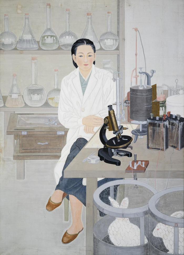 ÀÌÀ¯ÅÂÀÇ 1944³â ÀÛ¡®Àι°ÀÏ´ë(ìÑÚªìéÓß): ޱ¸¡¯. Èò °¡¿î ¼Ó¿¡ ÀÔÀº ÇѺ¹°ú Á¶¼± ¿©ÀλóÀÇ À̸ñ±¸ºñ·Î ±×·ÁÁø ÀÛǰÀº °¡ºÎÀåÁ¦¿¡¼ ¿ÏÀüÈ÷ ¹þ¾î³ªÁö ¸øÇÑ ½Å¿©¼ºÀÇ µô·¹¸¶¸¦ º¸¿©ÁØ´Ù.