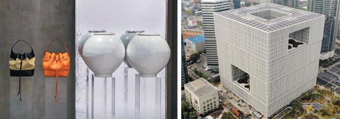 (왼쪽)‘로에베’매장 쇼윈도에 가방과 함께 놓인 달항아리. (오른쪽)달항아리의 흰색과 간결한 모양새에서 영감을 받아 설계한 서울 용산 아모레퍼시픽 신사옥.