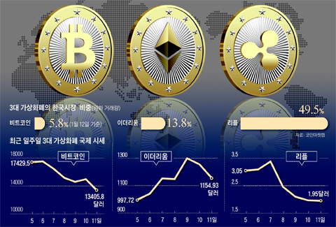 3대 가상화폐의 한국시장 비중 그래프