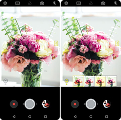 2018년형 ‘LG V30’ 스마트폰의 카메라로 꽃을 비추자(왼쪽), 인공지능이 꽃을 인식해 자동으로 최적화된 촬영 모드를 추천한 모습(오른쪽).