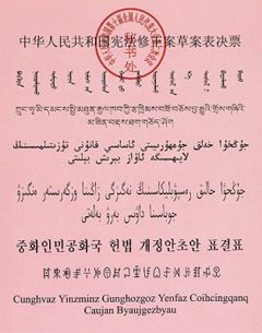 개헌 투표용지, 한글도 있네 - 중국 개헌안 표결에 사용된 투표용지. 소수 민족 언어도 함께 표기됐다. ‘중화인민공화국 헌법 개정안초안 표결표’라는 한글 표기도 보인다.