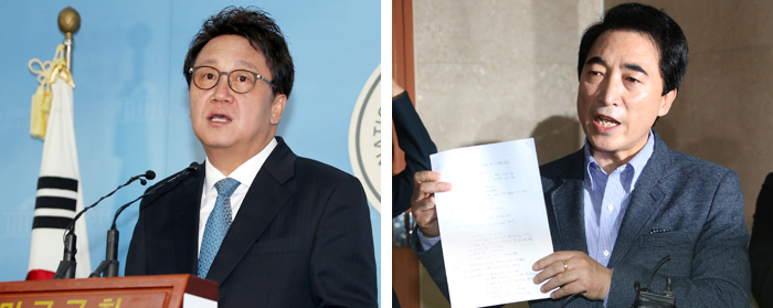 더불어민주당이 6·13 지방선거 출마자 관련 의혹이 잇따라 제기되면서 혼란에 빠졌다. 왼쪽은 10일 성추행 의혹이 제기된 민병두 의원이 지난 7일 국회에서 서울시장 출마 관련 공약을 발표하는 모습. 오른쪽은 박수현 전 청와대 대변인이 11일 정론관에서 기자회견을 열고 전처(前妻)의 불륜 의혹 폭로에 대해 해명하는 모습.