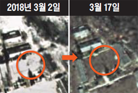 북한 함경북도 길주군 풍계리 핵실험장을 찍은 위성사진. 지난 2일(왼쪽)에는 인력, 굴착 장비로 추정되는 물체가 포착됐지만 17일(오른쪽) 사진에는 인력과 차량이 보이지 않았다. 