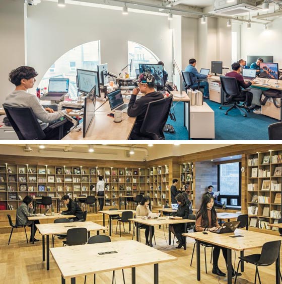 스파크플러스는 작년 8월 국내 공유 오피스로는 처음으로 5개 층 전체를 임차해 2호점을 열었다(위).