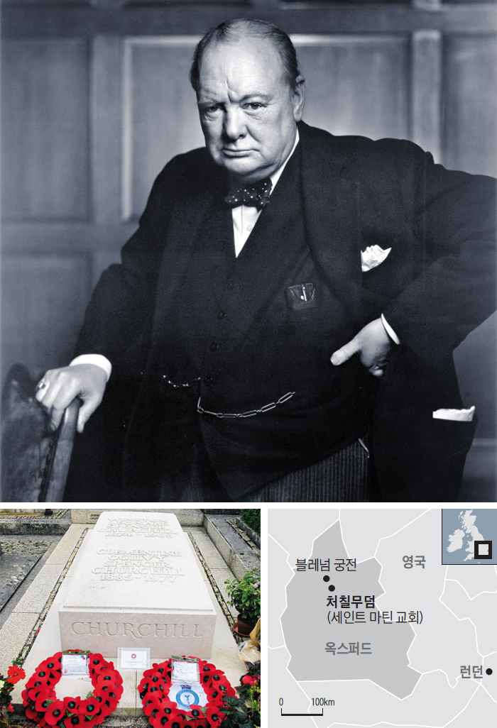 사자의 용기와 집념이 또렷하게 드러난 처칠의 대표적인 사진과 고향마을의 작은 교회에 위치한 처칠의 소박한 무덤(아래 왼쪽 사진).