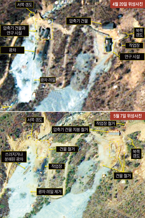 건물·이동레일 철거된 풍계리 핵실험장… 北 폐쇄 사전 작업 - 북한 풍계리 핵실험장 일대를 지난달 20일(위)과 이달 7일(아래) 각각 촬영한 위성사진. 지난달과 비교해 이달 들어 핵실험장 서쪽·북쪽 갱도 주변에 있던 이동식 건물이 다수 철거됐고, 갱도 입구에서 야적장으로 이어진 광차 이동용 레일 일부도 제거됐다.