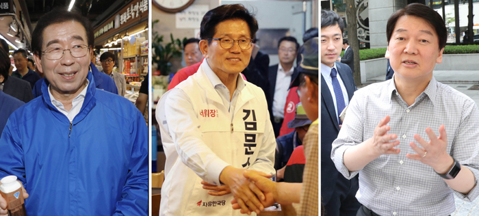 더불어민주당 박원순(왼쪽) 서울시장 후보가 15일 첫 선거운동에 들어가면서 서울 송파구 가락몰을 방문했다. 같은 날 자유한국당 김문수(가운데) 후보는 성동구 마장 축산시장을, 바른미래당 안철수(오른쪽) 후보는 종로구 청계광장을 찾아 지지를 호소했다.