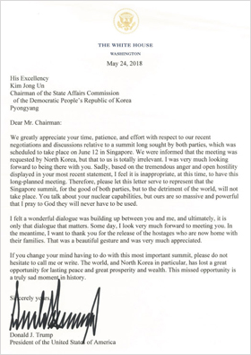 도널드 트럼프 미 대통령이 24일(현지 시각) 김정은 북한 국무위원장에게 쓴 공개편지. 