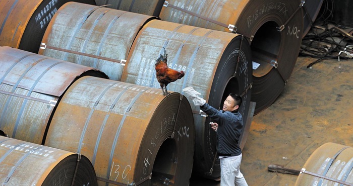 지난달 19일 중국 난퉁에서 한 근로자가 수출 철강 제품 위에 앉은 수탉을 쫓으려 하고 있다.
