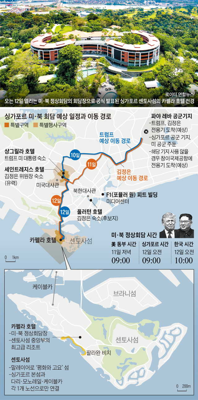 싱가포르 미, 북 회담 예상 일정과 이동 경로 그래픽