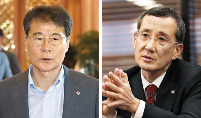장하성(왼쪽) 청와대 정책실장이 국무회의에 참석하고 있는 모습. 곽태선(오른쪽) 전 베어링자산운용 대표는 5일 “국민연금 기금운용본부장을 뽑는 공모 과정 전 장 실장에게서 지원을 권유하는 전화를 받았다”며 청와대의 ‘인사 개입’ 의혹을 폭로했다.