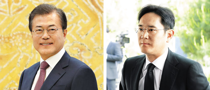 문재인(왼쪽) 대통령은 오는 9일 인도 삼성전자 스마트폰 공장 준공식에 참석키로 했다. 이재용(오른쪽) 삼성전자 부회장도 이 준공식에 참석해 문 대통령과 만날 예정이다.