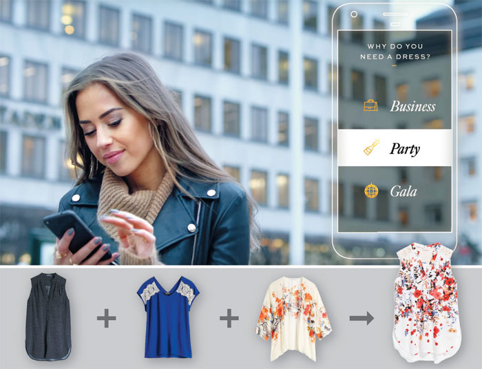 H&M의 디지털 자회사 아이비레벨이 구글과 공동 개발하고 있는 인공지능 디자인 앱 ‘코디드쿠튀르’. ‘옷의 용도’ 등 기본적인 질문에 답하면 앱이 회원의 생활 습관을 토대로 맞춤형 드레스를 디자인한다(위 사진). 스티치픽스의 알고리즘은 옷 3~4벌 요소를 결합해 새로운 옷을 만들어낸다(아래 사진).