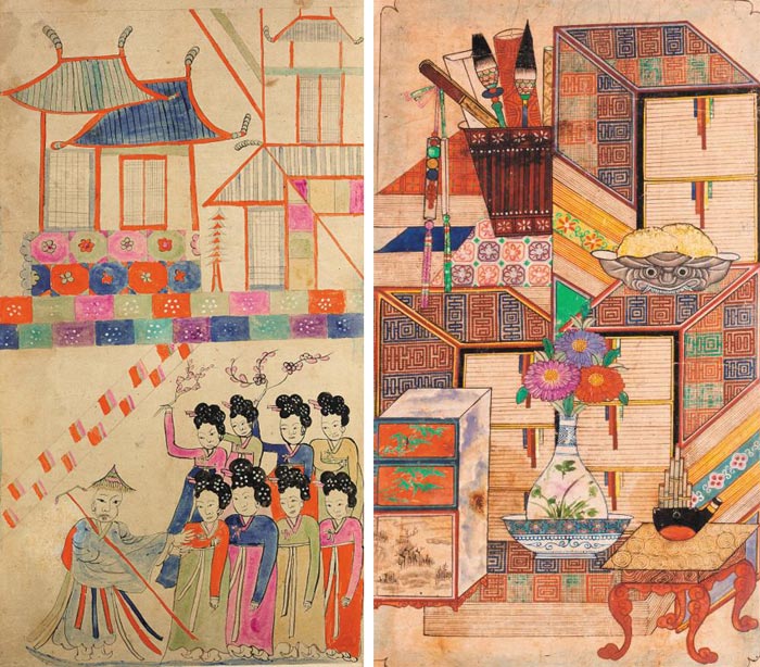 김세종이 소장한 민화 '구운몽도'(왼쪽)와 '책가도'.