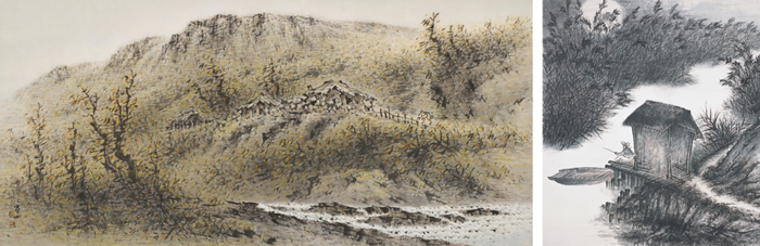 청전 이상범의 1960년대 작 '추경산수'(60.5×128㎝·왼쪽 그림)와 소정 변관식의 '추경산수'(130×128.5㎝).
