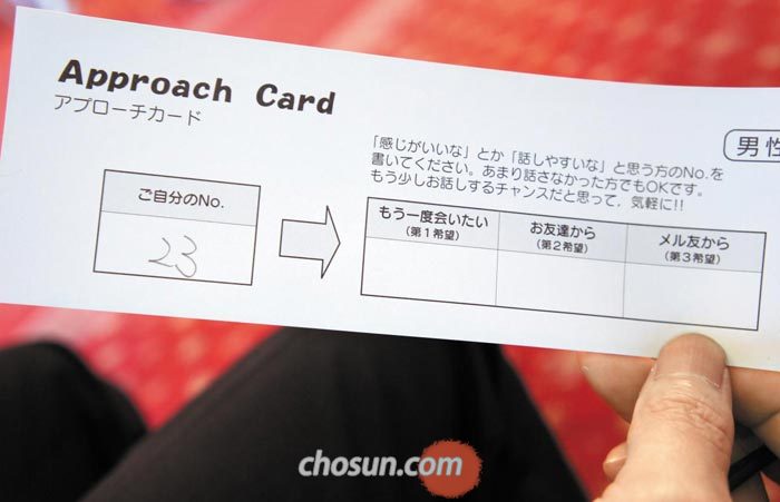 집단 맞선 파티 참가자에게 주최 측이 나눠준 카드.