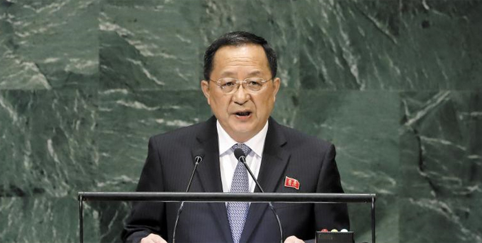 유엔서 연설하는 北 리용호 - 리용호 북한 외무상이 지난달 29일(현지 시각) 미국 뉴욕에서 유엔 총회 기조연설을 하고 있다.