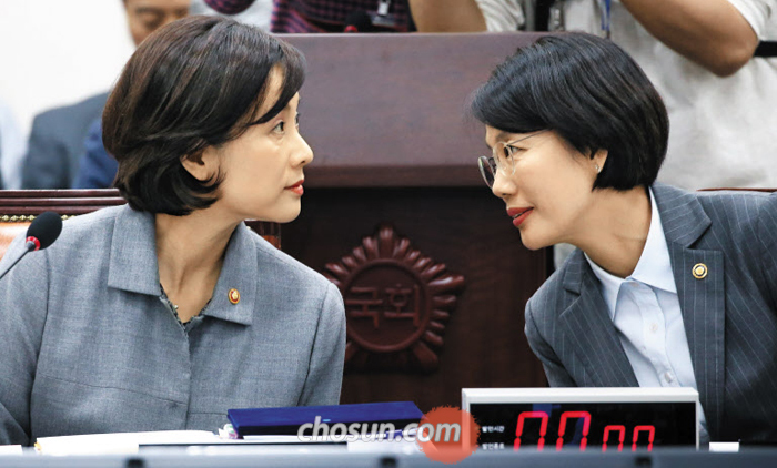 교육부 장관과 차관 - 유은혜 사회부총리 겸 교육부 장관이 11일 국회 교육위원회 국정감사에서 박춘란(오른쪽) 교육부 차관과 대화하고 있다.