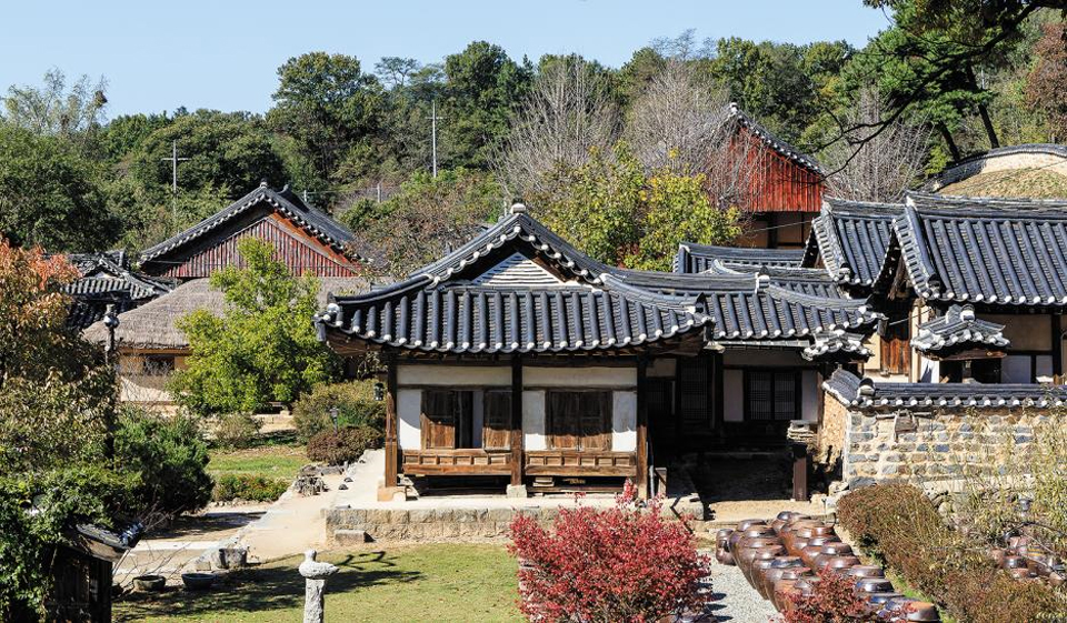 윤증 고택 뒤로 솟은 노성향교 명륜당(왼쪽 뒤)과 대성전(오른쪽 뒤) 지붕.