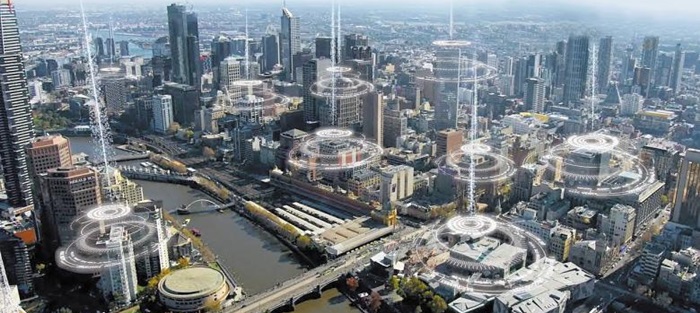 히타치가 공개한 자사 IoT 플랫폼 ‘루마다’가 도시에 깔렸을 때 도시 각 부분이 서로 연결된 것을 상상한 개념도.