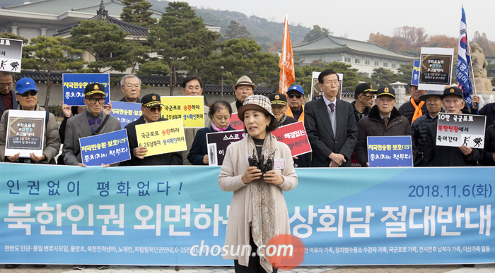 한반도 인권과 통일을 위한 변호사 모임, 6·25전쟁 납북 인사 가족협의회 등 북한 인권 단체 회원들이 6일 서울 종로구 청와대 앞에서