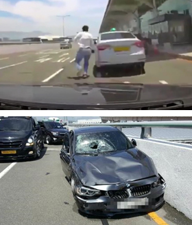 지난 7월 부산 김해공항 국제선 출국장 게이트 앞에서 짐을 내려주던 택시 기사가 가해 차량인 BMW에 들이받히기 직전의 모습(윗 사진). 아래 사진은 사고 이후 파손된 BMW 차량이다. 