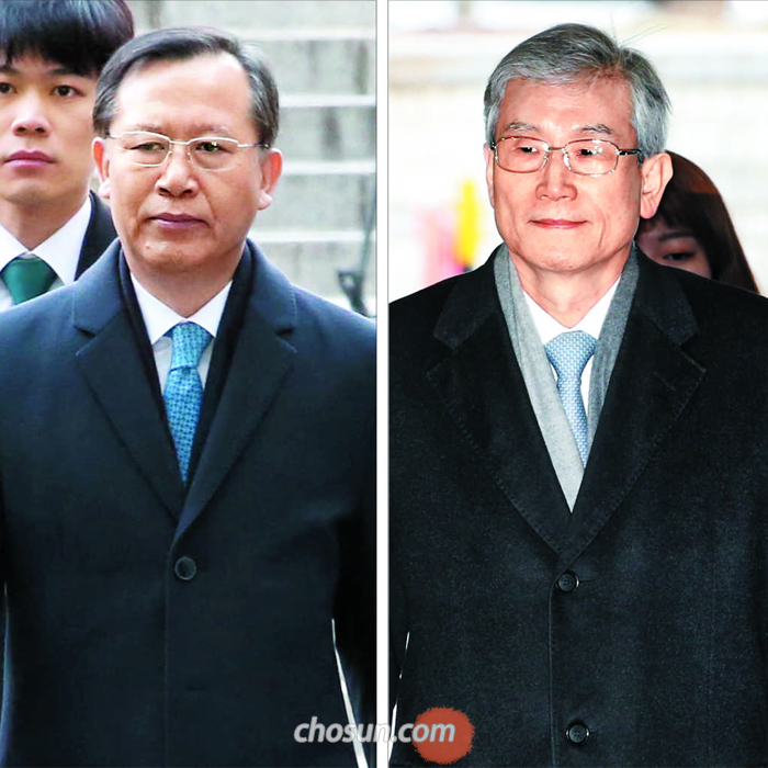 양승태 전 대법원장 시절 사법행정권을 남용했다는 혐의로 구속영장이 청구된 박병대(왼쪽)·고영한 전 대법관이 6일 서울중앙지방법원에서 열린 영장 실질 심사에 참석하고 있다. 검찰은 지난 3일 두 전직 대법관 에 대해 구속영장을 청구했지만 7일 새벽 모두 기각됐다.