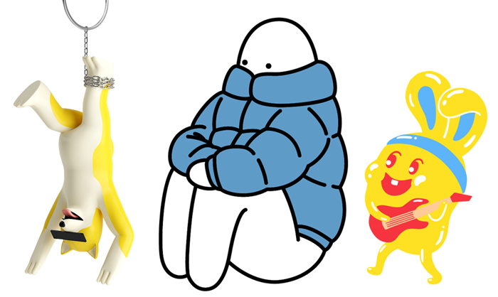 캐릭터 브랜드 '사탄가게'의 열쇠고리(왼쪽). 지하철, 술자리 민폐족을 쇠사슬로 매달아 놓은 모양이다. 가운데는 '미스터두낫띵', 오른쪽은 '아임 굿 이너프'.