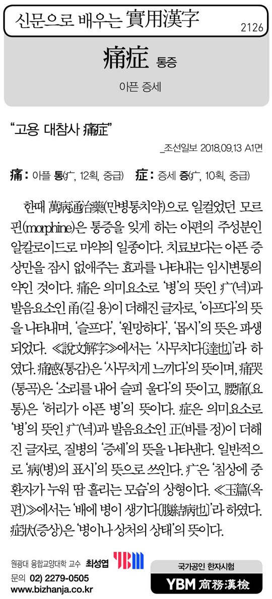 [신문으로 배우는 실용한자] 통증(痛症)