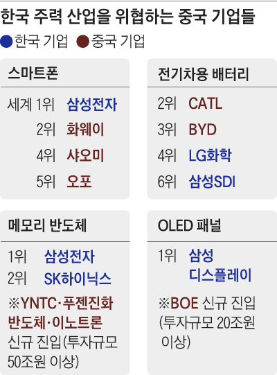 한국 주력 산업을 위협하는 중국 기업들