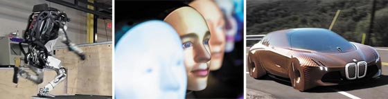 (왼쪽부터)사람처럼 점프하는 로봇, 진화하는 AI 스피커 , 3D로 만든 미래 자동차
