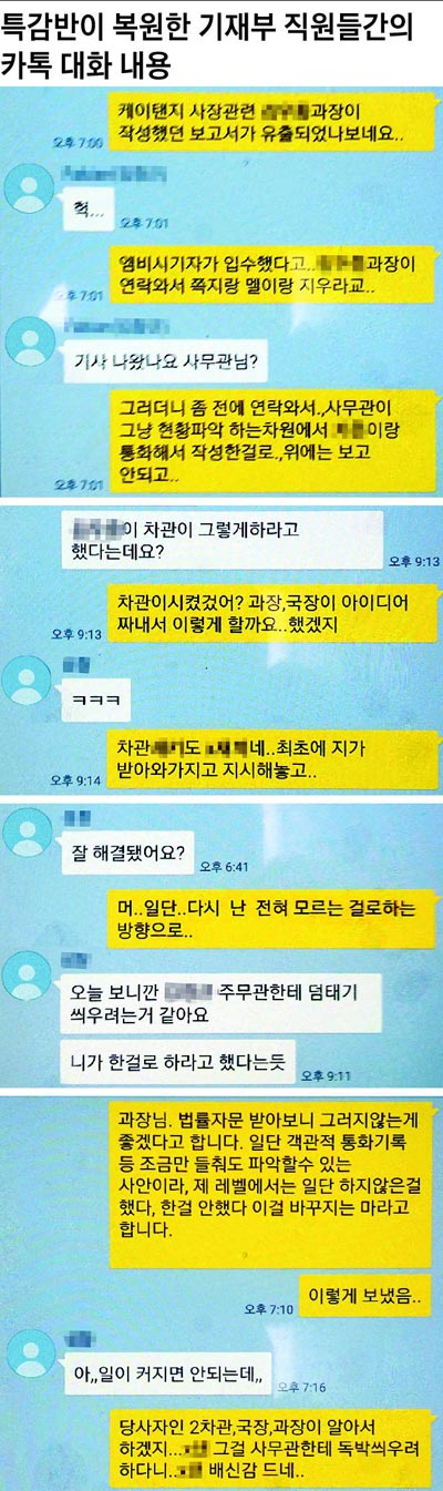 특감반이 복원한 기재부 직원들간의 카톡 대화 내용