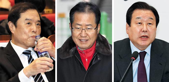 왼쪽부터 김병준 비대위원장, 홍준표 전 대표, 김무성 의원