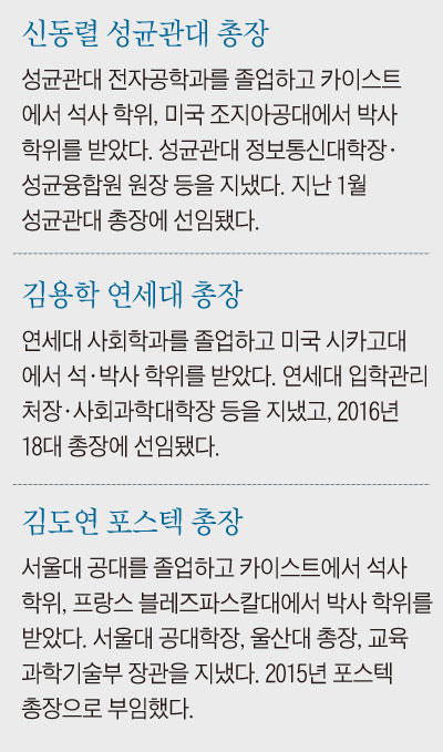 성균관대 신동렬 총장, 김용학 연세대 총장, 김도연 포스텍 총장 이력 정리 표