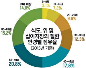 식도, 위 및 십이지장의 질환 연령별 점유율