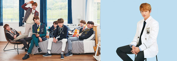 월드 스타로 뜨기 전인 2016년 스마트학생복 모델 계약을 한 BTS(방탄소년단·왼쪽)와 2018년 아이비클럽 모델로 활동한 강다니엘.