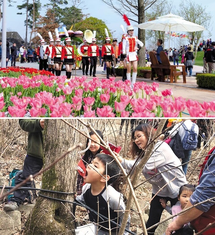 2017년 4월 순천만국가정원에서 열린 봄꽃축제(위)와 지난해 열린 ‘진안고원 운장산 고로쇠 축제’ 모습(아래).