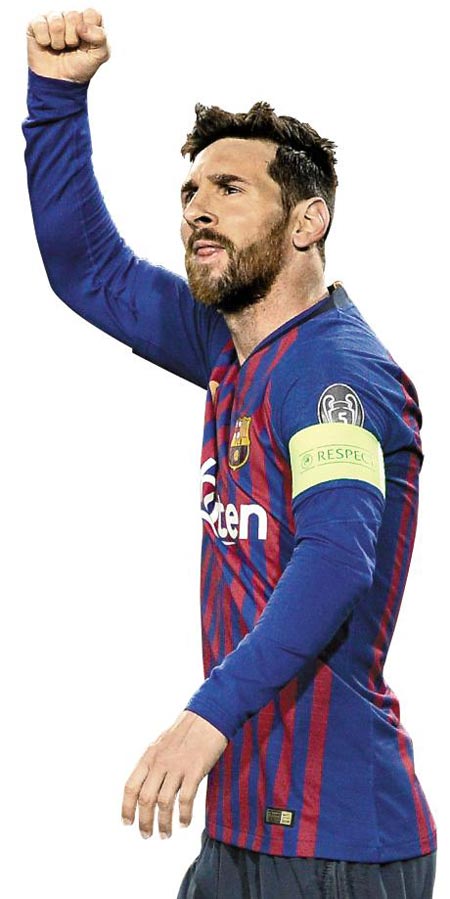 리오넬 메시가 14일 리옹과의 UEFA 챔피언스리그 16강 2차전에서 골을 넣고 오른 주먹을 불끈 쥐며 기뻐하는 모습.