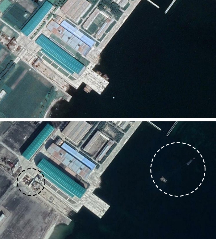 北 신포조선소, 2018년에 없던 잠수함 건조용 부품·바지선 - 북한이 잠수함을 건조하고 SLBM(잠수함발사탄도미사일) 발사 실험을 하는 신포조선소의 모습. 2018년 8월 27일 사진(위)에 없던 잠수함 건조용 부속품·격벽 추정 물체가 지난달 2일 사진(아래·검은 점선)에 등장했다. 부둣가에 대 놨던 SLBM 실험용 플로팅 독(바지선·하얀 점선)도 앞바다에 옮겨져 있다.