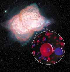 지구에서 3000광년 떨어진 백조자리에 있는 성운 NGC 7027에서 관측한 수소화헬륨(별도 원으로 확대)의 모습.
