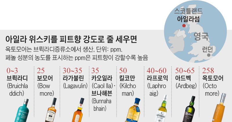 아일라 위스키를 피트향 강도로 줄 세우면