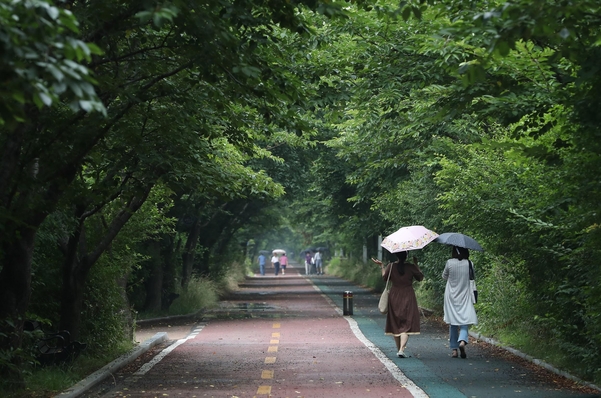 비가 내리는 18일 오후 서울 송파구 방이동 산책길에 우산을 쓴 시민들이 걸어가고 있다. /연합뉴스