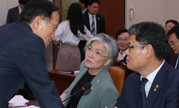 25일 오전 국회 외교통일위원회 전체회의가 열리기에 앞서 더불어민주당 이수혁 의원(왼쪽부터), 강경화 외교부 장관, 김연철 통일부 장관이 이야기하고 있다./연합뉴스