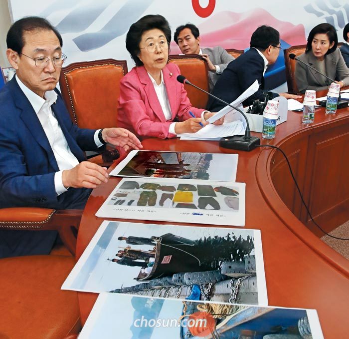 자유한국당 이은재(왼쪽에서 둘째) 의원이 26일 오전 국회에서 열린 북한 선박 입항 진상조사단 회의에서 발언하고 있다. 