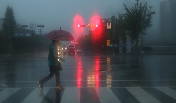 장마전선과 북상하는 태풍 다나스의 영향을 받는 19일 오전 우산을 쓴 한 시민이 경남 창원시 의창구의 한 횡단보도를 건너고 있다. /연합뉴스