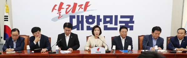 자유한국당 나경원(가운데) 원내대표가 19일 원내대책회의에서 발언하고 있다./연합뉴스
