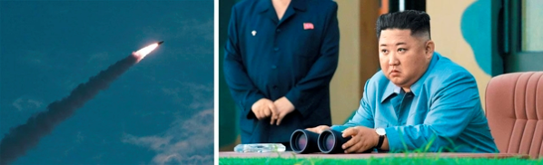 김정은 북한 국무위원장이 지난달 25일 강원도 원산에서 신형 단거리 탄도미사일 발사 장면을 지켜보고 있다(오른쪽 사진). 왼쪽 사진은 이날 북한이 발사한 신형 미사일이 동해상으로 솟아오르는 모습. /조선중앙통신 연합뉴스